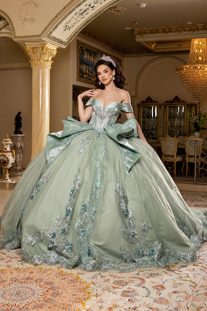 Off-Shouler Sweetheart Corset Beaded Ballgown with Detachable Bow & Train by Layla K LK297