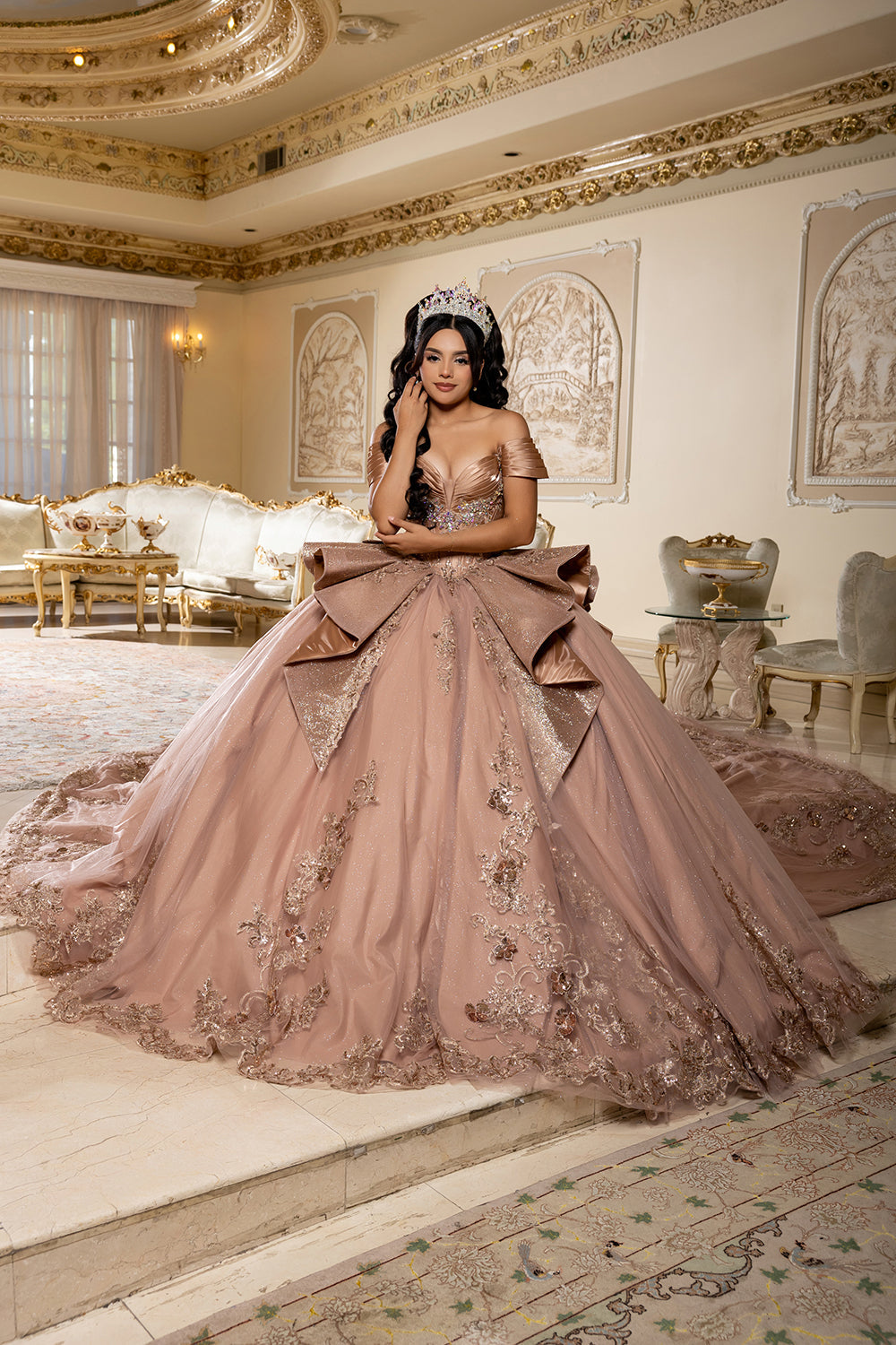 Off-Shouler Sweetheart Corset Beaded Ballgown with Detachable Bow & Train by Layla K LK297