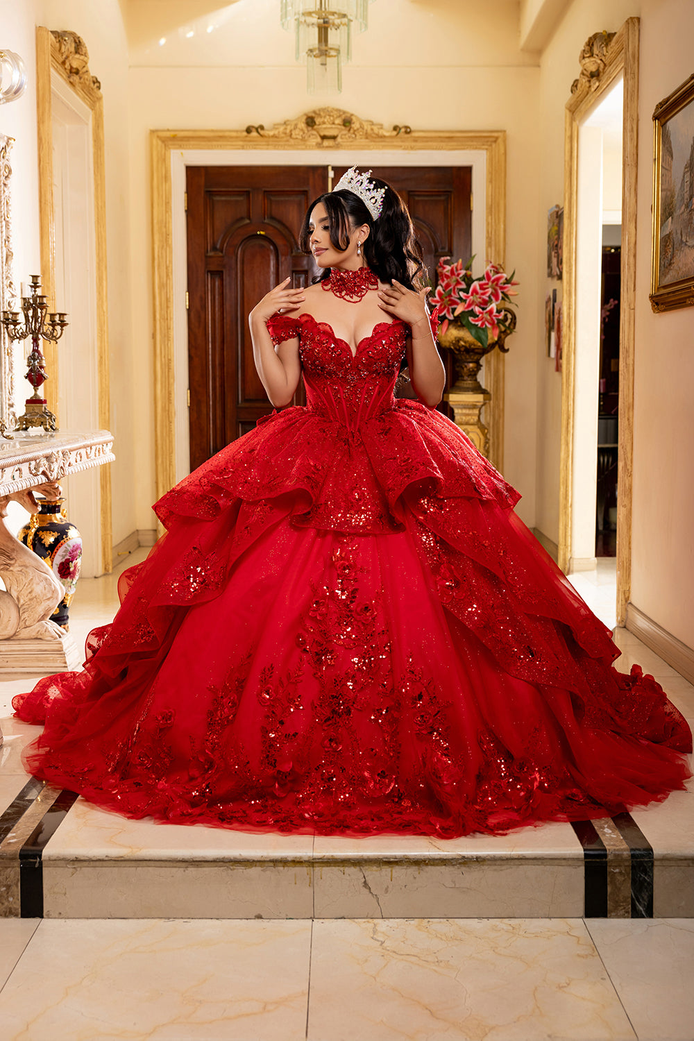 Off-Shoulder Sequin Corset Tiered Ruffle Ball Gown with Detachable Choker by Layla K LK298