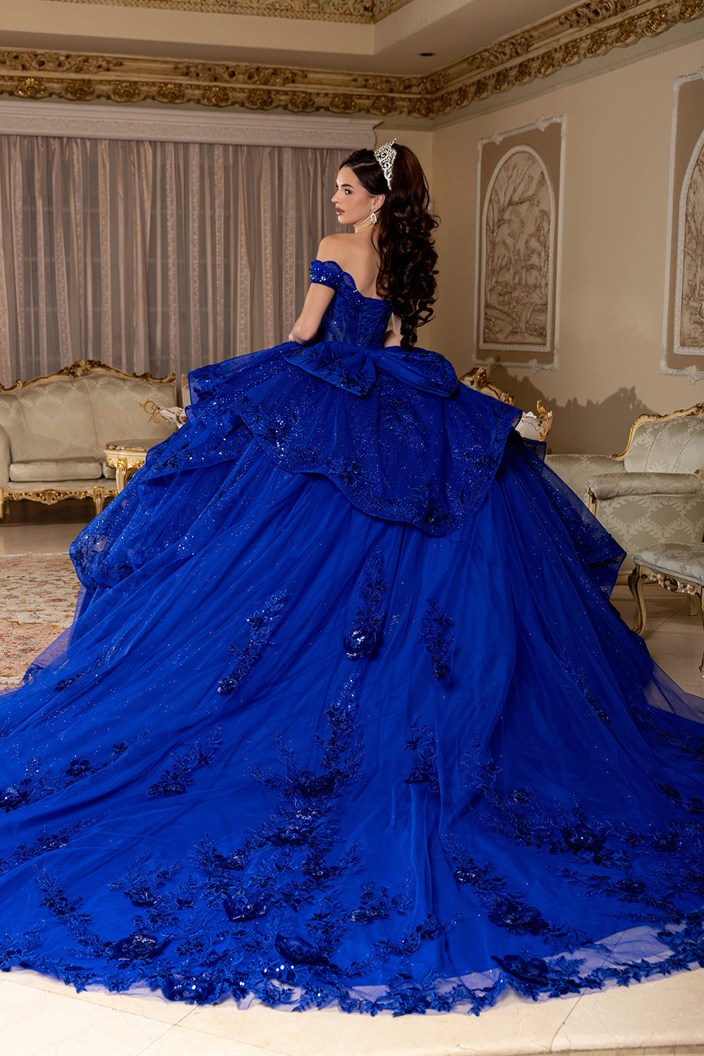 Off-Shoulder Sequin Corset Tiered Ruffle Ball Gown with Detachable Choker by Layla K LK298