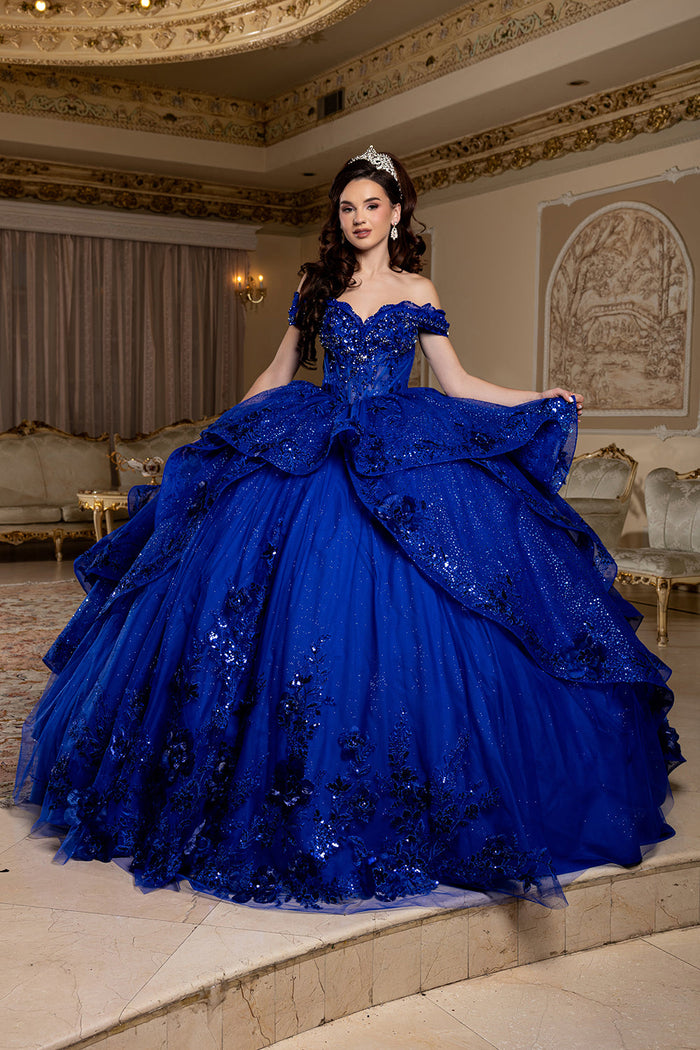 Off-Shoulder Sequin Corset Tiered Ruffle Ball Gown with Detachable Choker by Layla K LK298
