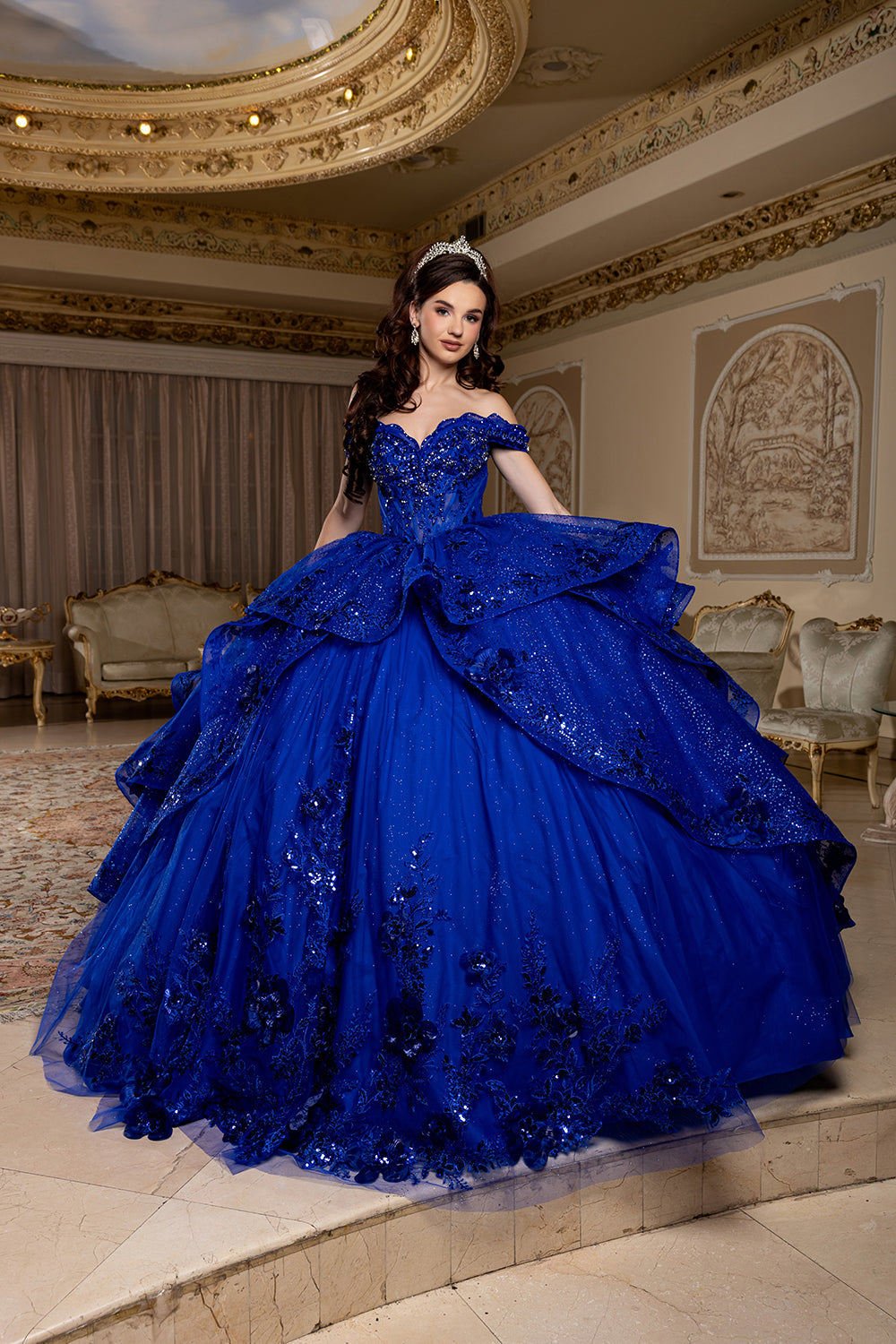 Off-Shoulder Sequin Corset Tiered Ruffle Ball Gown with Detachable Choker by Layla K LK298