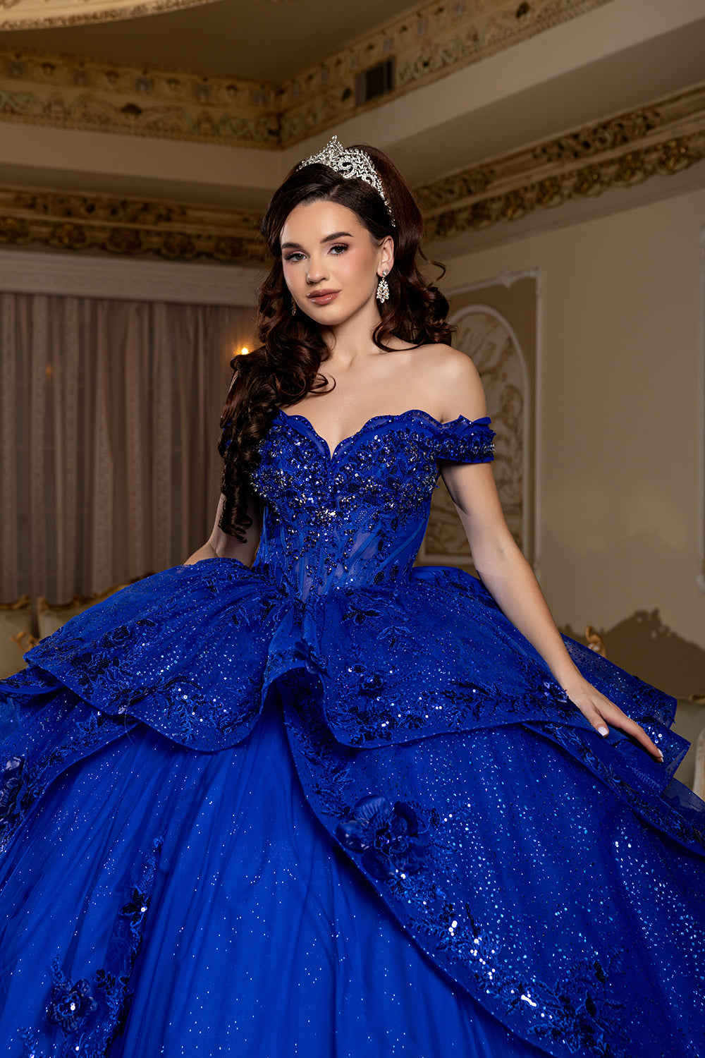 Off-Shoulder Sequin Corset Tiered Ruffle Ball Gown with Detachable Choker by Layla K LK298