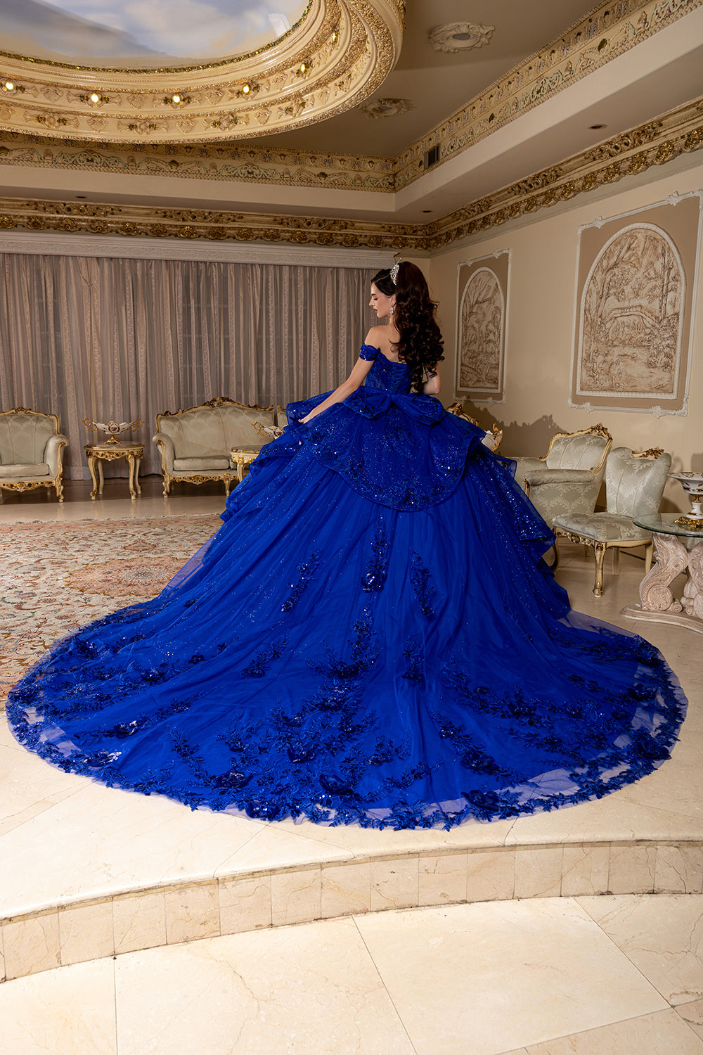 Off-Shoulder Sequin Corset Tiered Ruffle Ball Gown with Detachable Choker by Layla K LK298