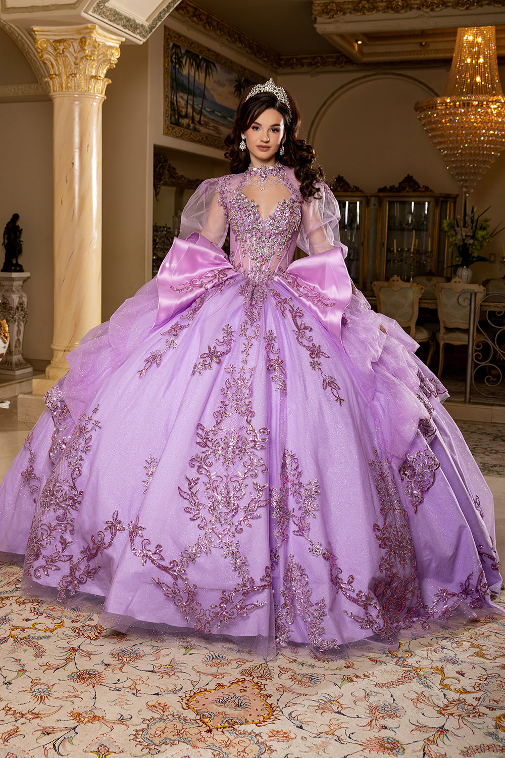 Sweetheart Long Sheer Puff Sleeve Beaded Corset Tiered Ruffle Ball Gown by Layla K LK299