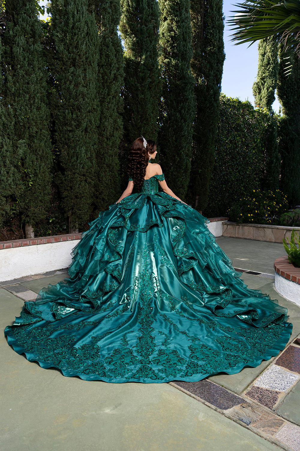 Off-Shoulder Beaded Corset Tiered Ruffle Ball Gown with Detachable Collar by Layla K LK300