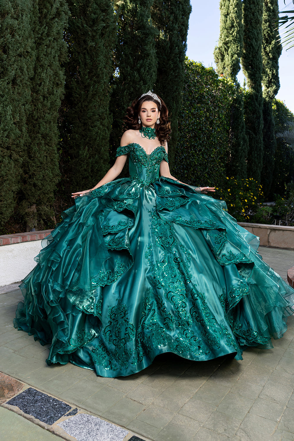 Off-Shoulder Beaded Corset Tiered Ruffle Ball Gown with Detachable Collar by Layla K LK300