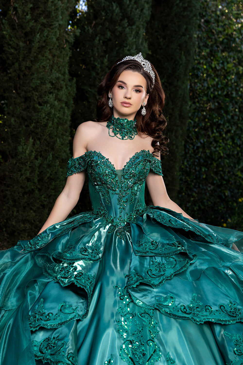 Off-Shoulder Beaded Corset Tiered Ruffle Ball Gown with Detachable Collar by Layla K LK300