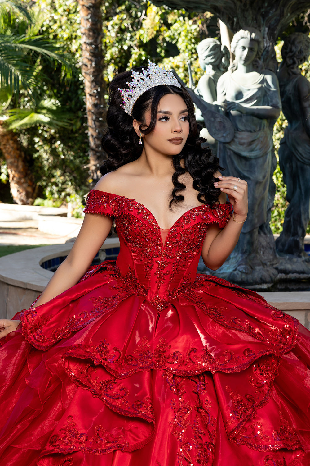 Off-Shoulder Beaded Corset Tiered Ruffle Ball Gown with Detachable Collar by Layla K LK300