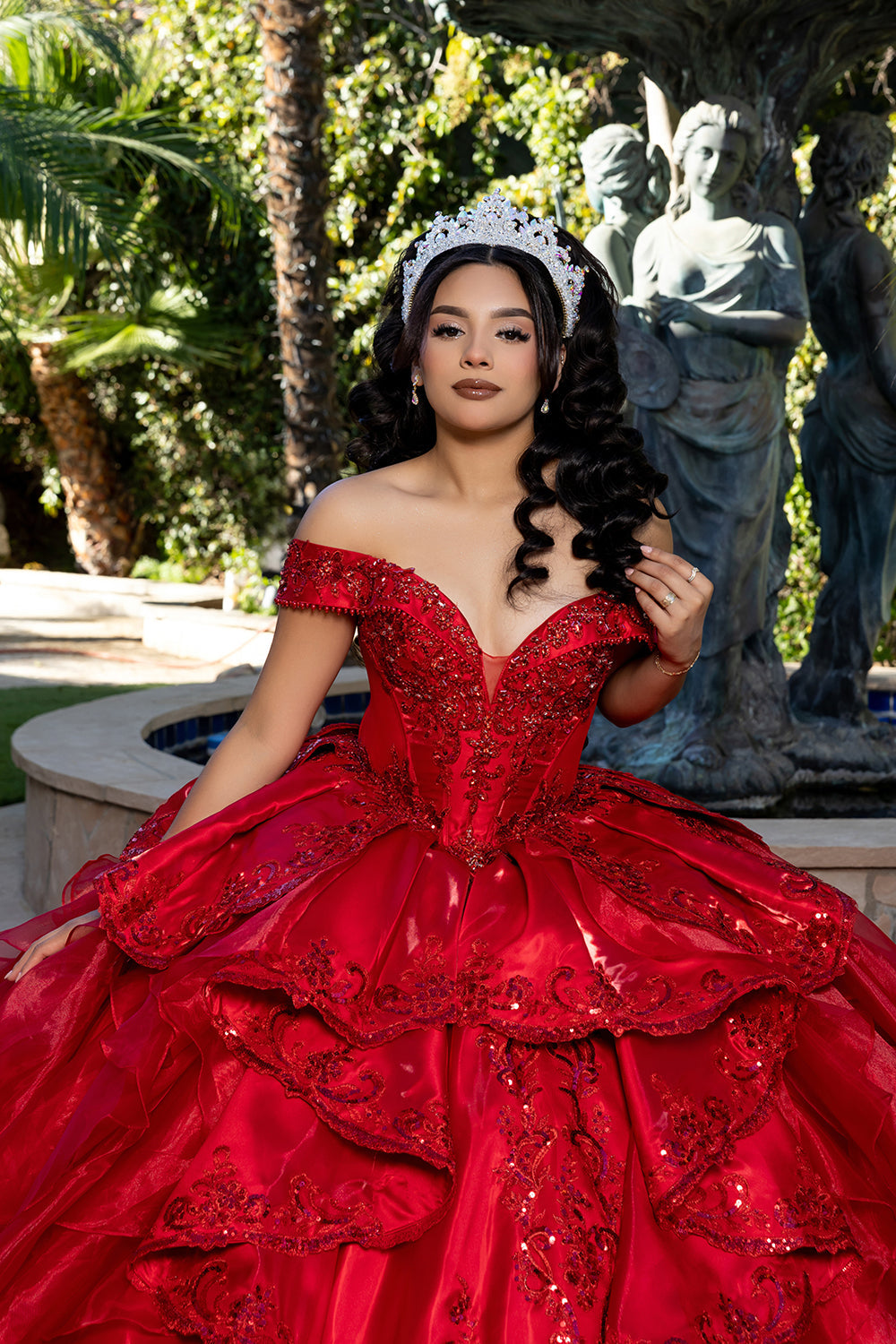 Off-Shoulder Beaded Corset Tiered Ruffle Ball Gown with Detachable Collar by Layla K LK300
