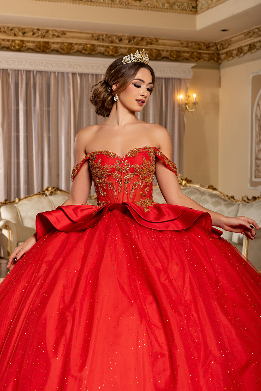 Off-Shoulder Beaded Illusion Corset Glitter Tulle Ball Gown with Bow Back Dress by Layla K LK301