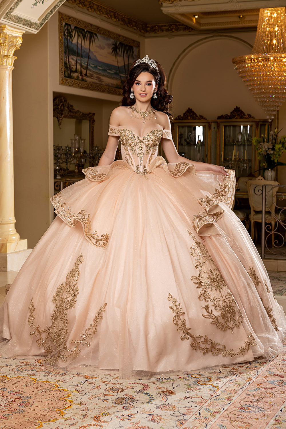 Off-Shoulder Embroidered Illusion Corset Glitter Tulle Quinceañera Gown by Layla K LK303