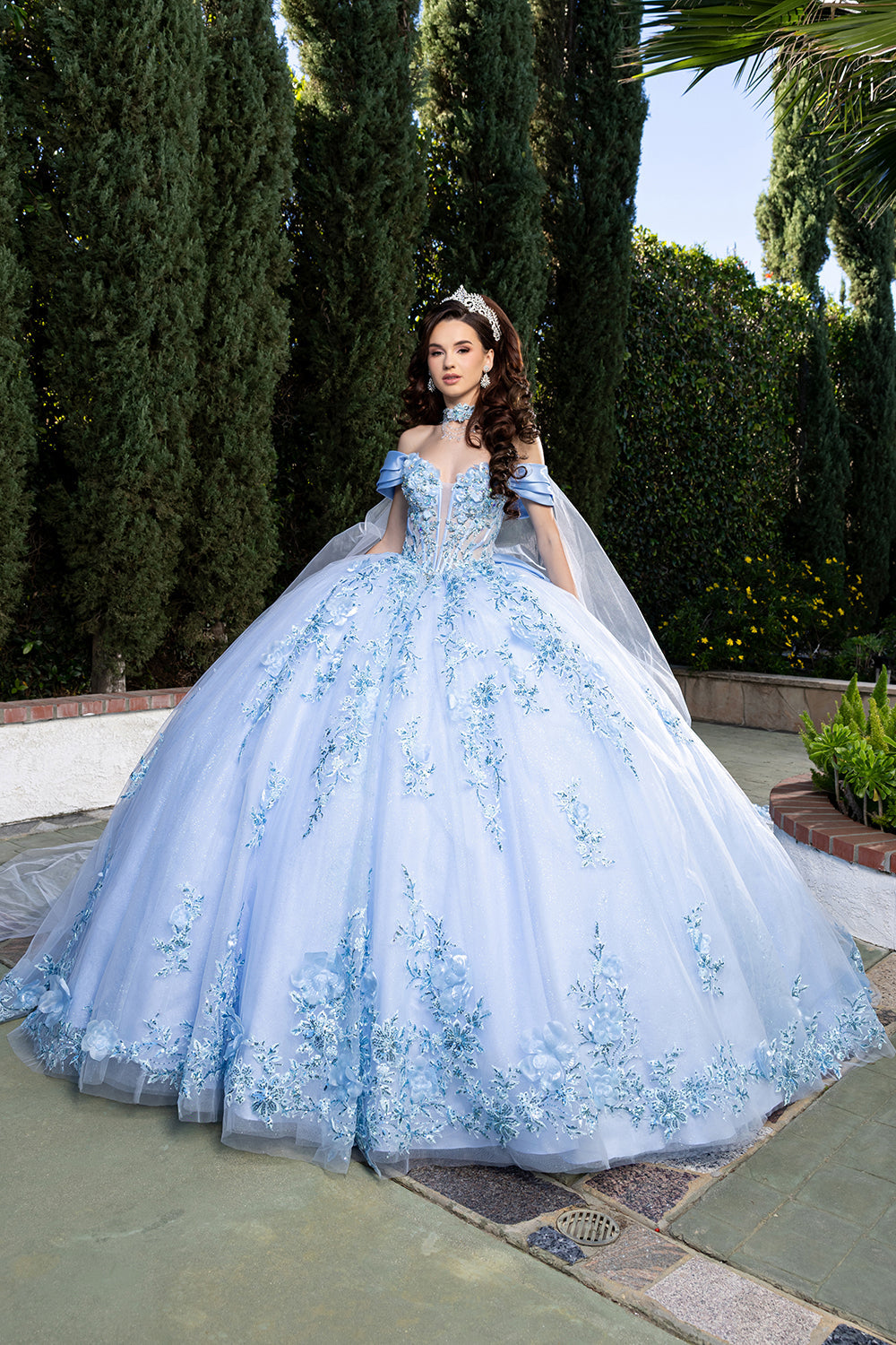 Off-Shoulder Plunging Sweetheart 3D Floral Illusion Corset Quinceañera Dress by Layla K LK305