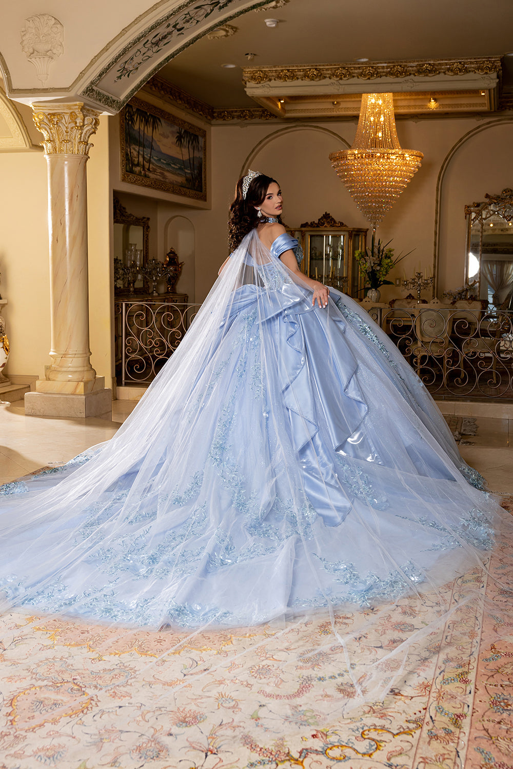 Off-Shoulder Plunging Sweetheart 3D Floral Illusion Corset Quinceañera Dress by Layla K LK305