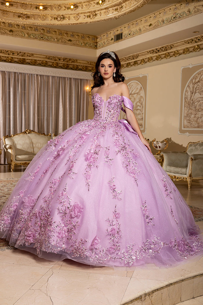 Off-Shoulder Plunging Sweetheart 3D Floral Illusion Corset Quinceañera Dress by Layla K LK305