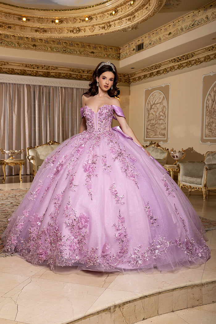 Off-Shoulder Plunging Sweetheart 3D Floral Illusion Corset Quinceañera Dress by Layla K LK305