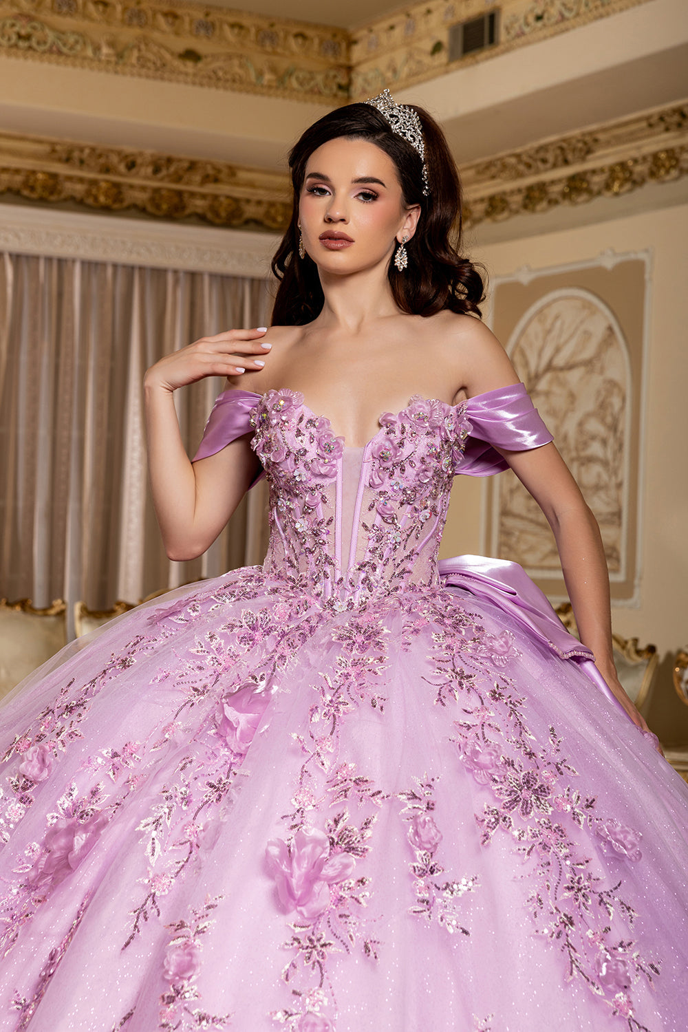 Off-Shoulder Plunging Sweetheart 3D Floral Illusion Corset Quinceañera Dress by Layla K LK305