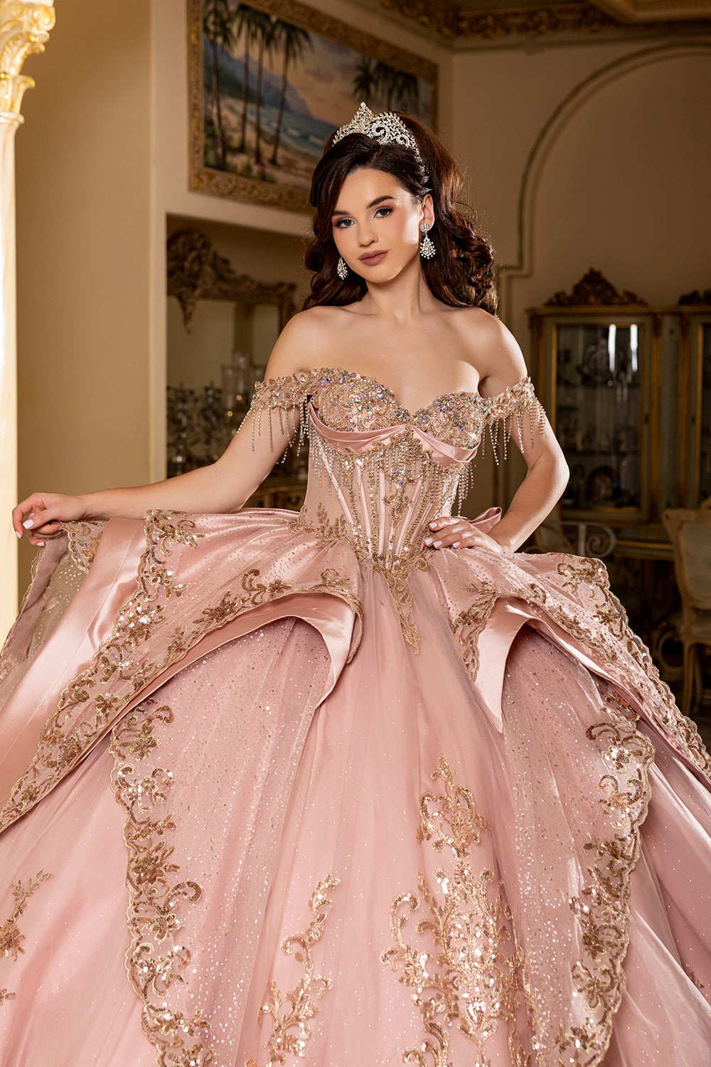 Off-Shoulder Crystal Fringe Corset Ball Gown Quinceañera Dress by Layla K LK309