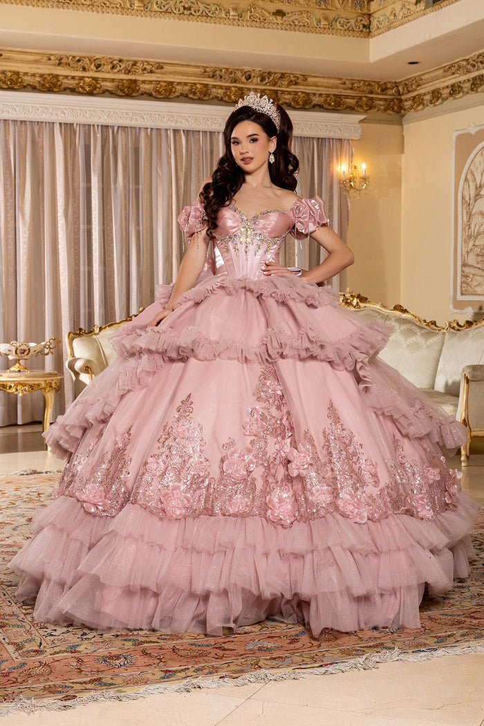 Off-Shoulder Satin Corset Tiered Ruffle Ball Gown Quinceañera Dress by Layla K LK312