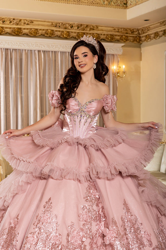 Off-Shoulder Satin Corset Tiered Ruffle Ball Gown Quinceañera Dress by Layla K LK312