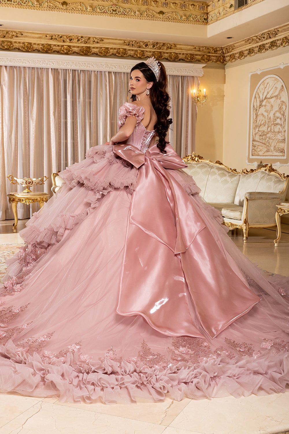 Off-Shoulder Satin Corset Tiered Ruffle Ball Gown Quinceañera Dress by Layla K LK312