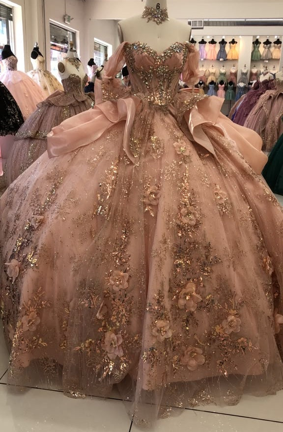Off-Shoulder Sweetheart Beaded Corset Glitter Ball Gown Quinceañera Dress by Layla K LK313
