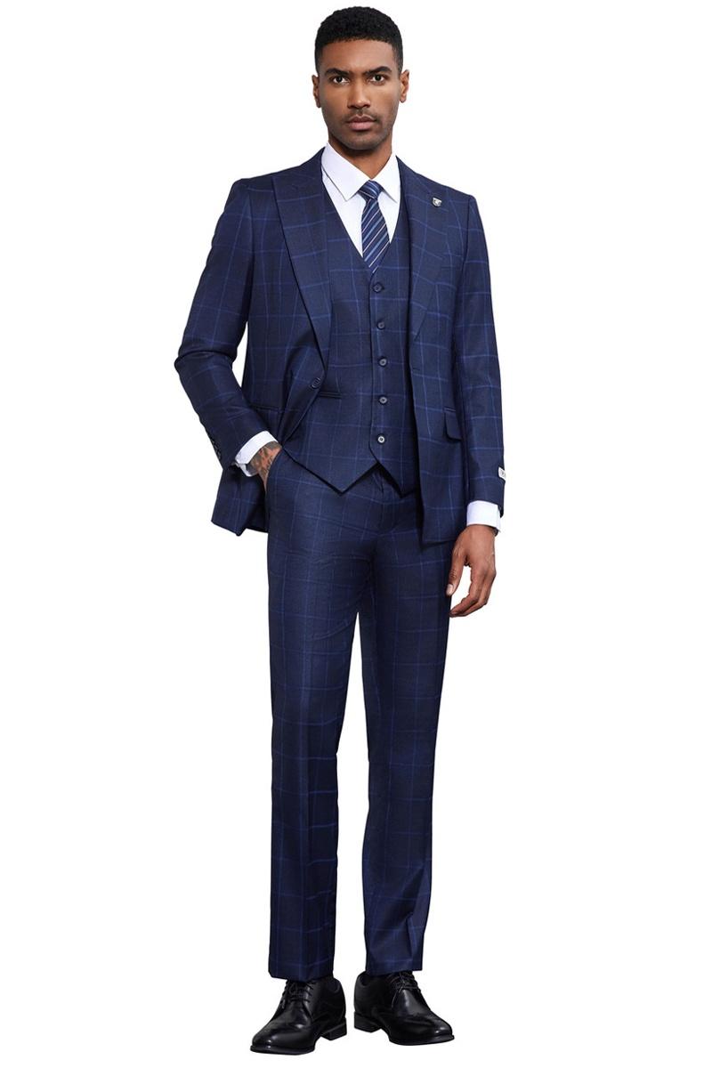 Stacy Adams Navy Windowpane Vested Suit for Men