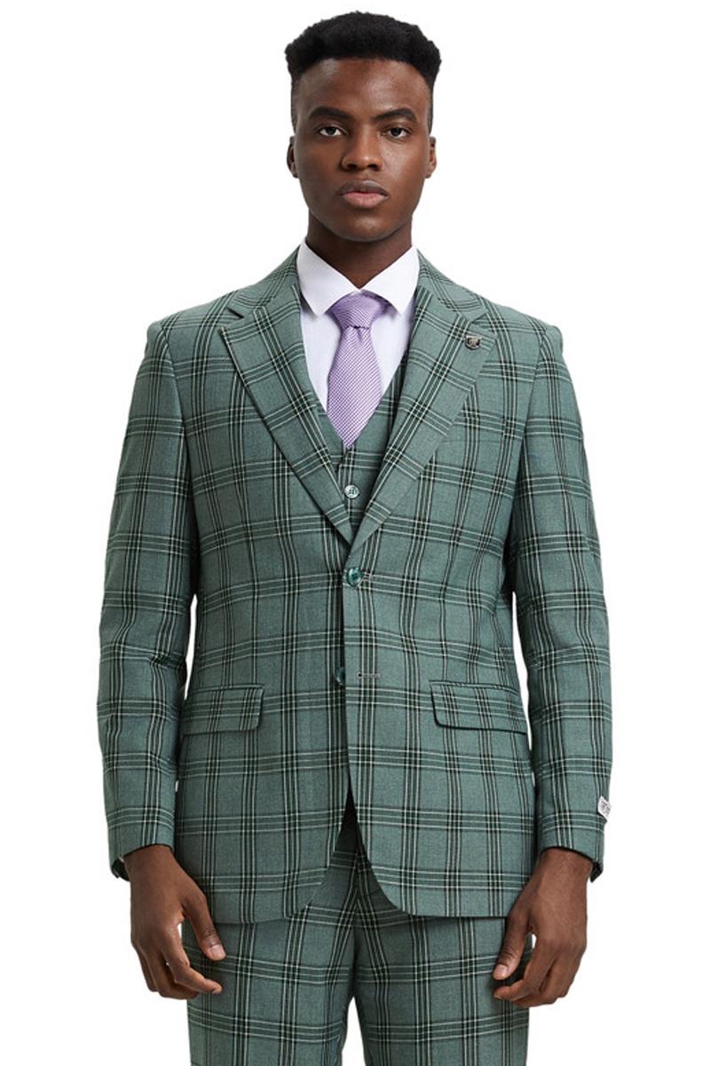 Stacy Adams Glen Plaid Vested Suit, Light Olive Green