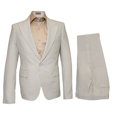 Beige Seersucker Peak Lapel Suit by Rossiman
