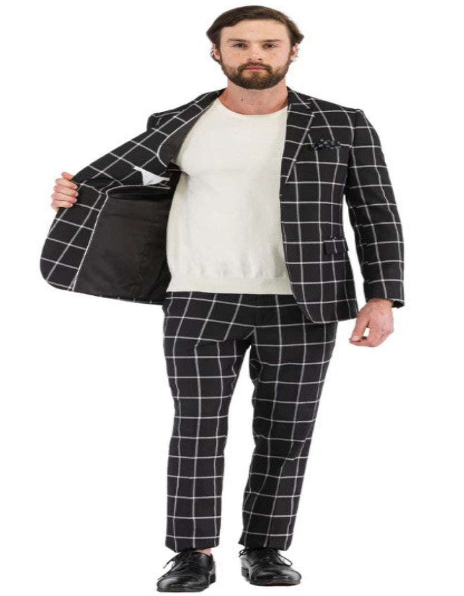 Mens Black Windowpane Plaid Suit with Vest