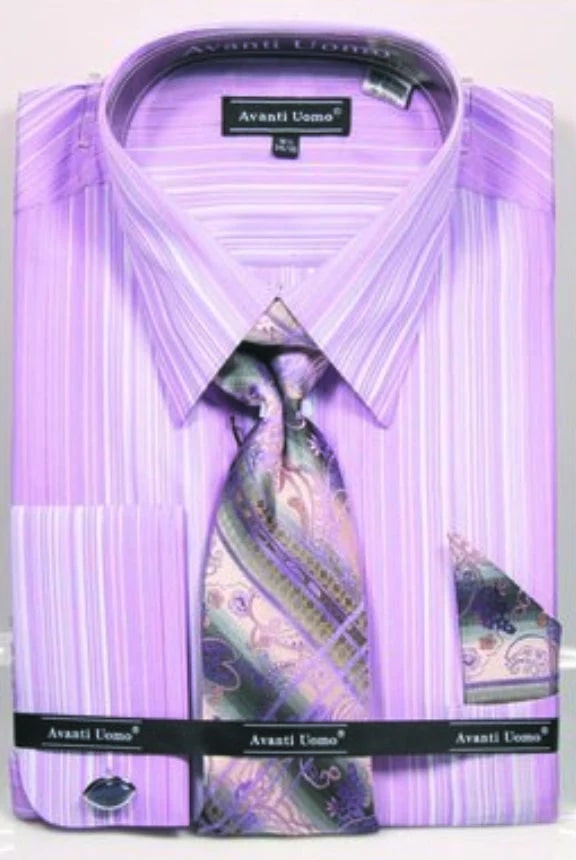 Tonal Stripe French Cuff Shirt Set - Lavender