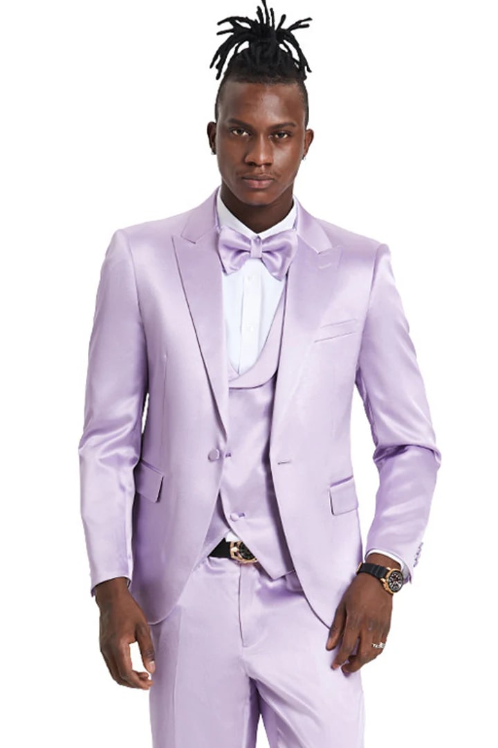 One Button Vested Satin Lavender Party Suit