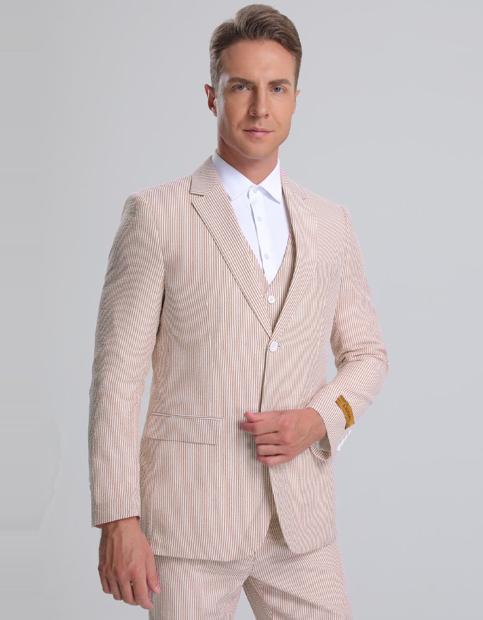 Tan Seersucker Vested Suit for Men