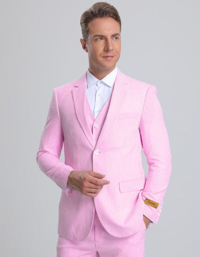 Men’s Pink Pinstripe Summer Seersucker Suit & Vest