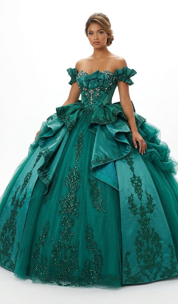 Off-Shoulder Crystal Beaded Corset Organza Ruffle Ball Gown Quinceañera Dress by Layla K LK307