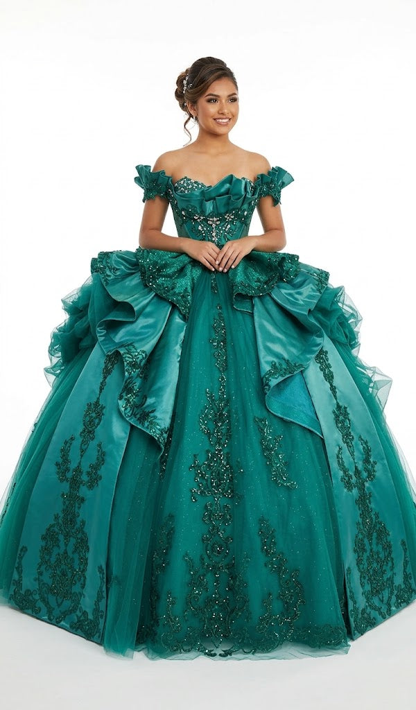 Off-Shoulder Crystal Beaded Corset Organza Ruffle Ball Gown Quinceañera Dress by Layla K LK307