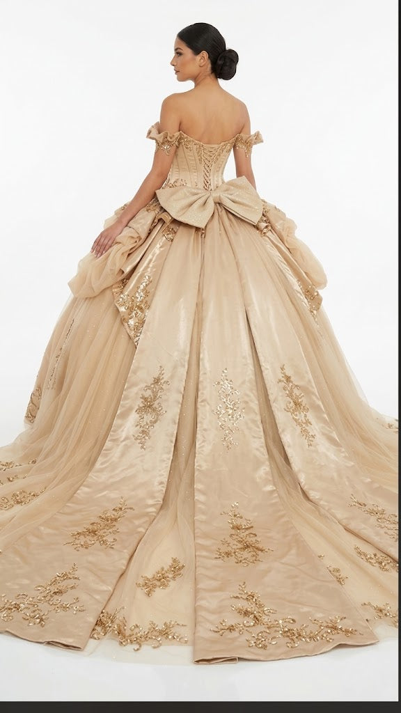 Off-Shoulder Crystal Beaded Corset Organza Ruffle Ball Gown Quinceañera Dress by Layla K LK307
