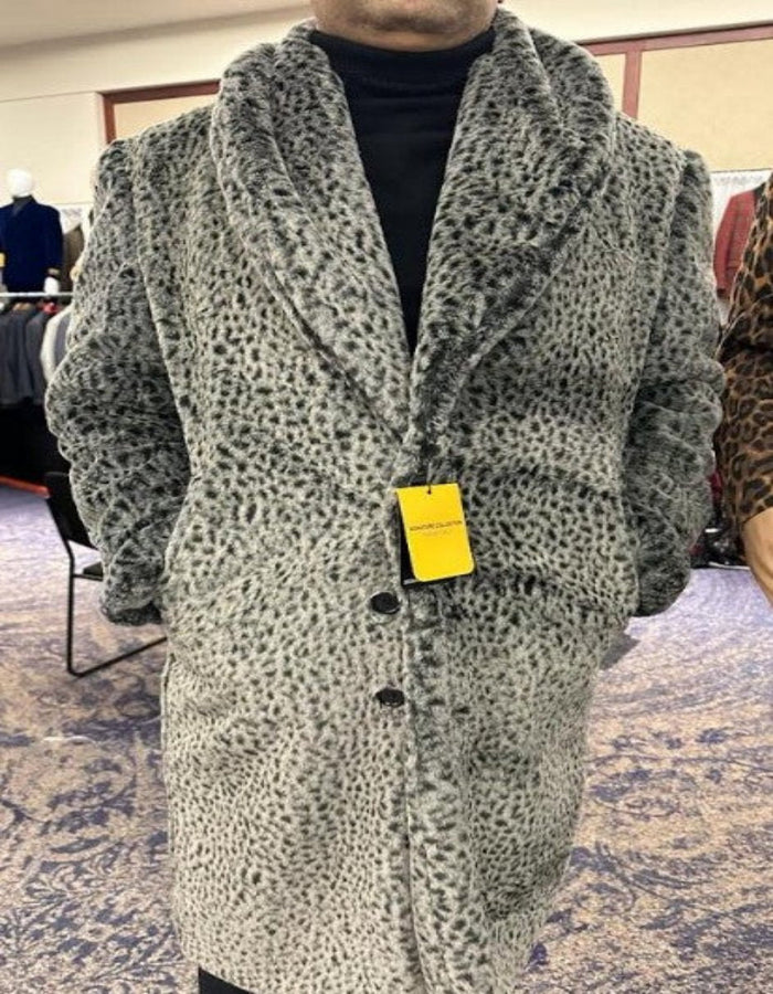 Full Length Gray Leopard Faux Fur Coat