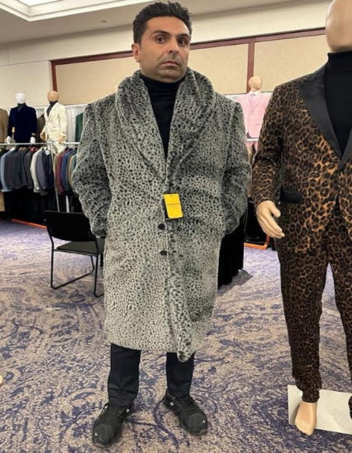 Full Length Gray Leopard Faux Fur Coat