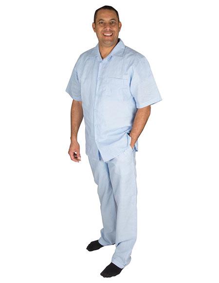 Men's Light Blue Short Sleeve Button Closure 100% Linen 2 Piece Shirt Walking Leisure Suit