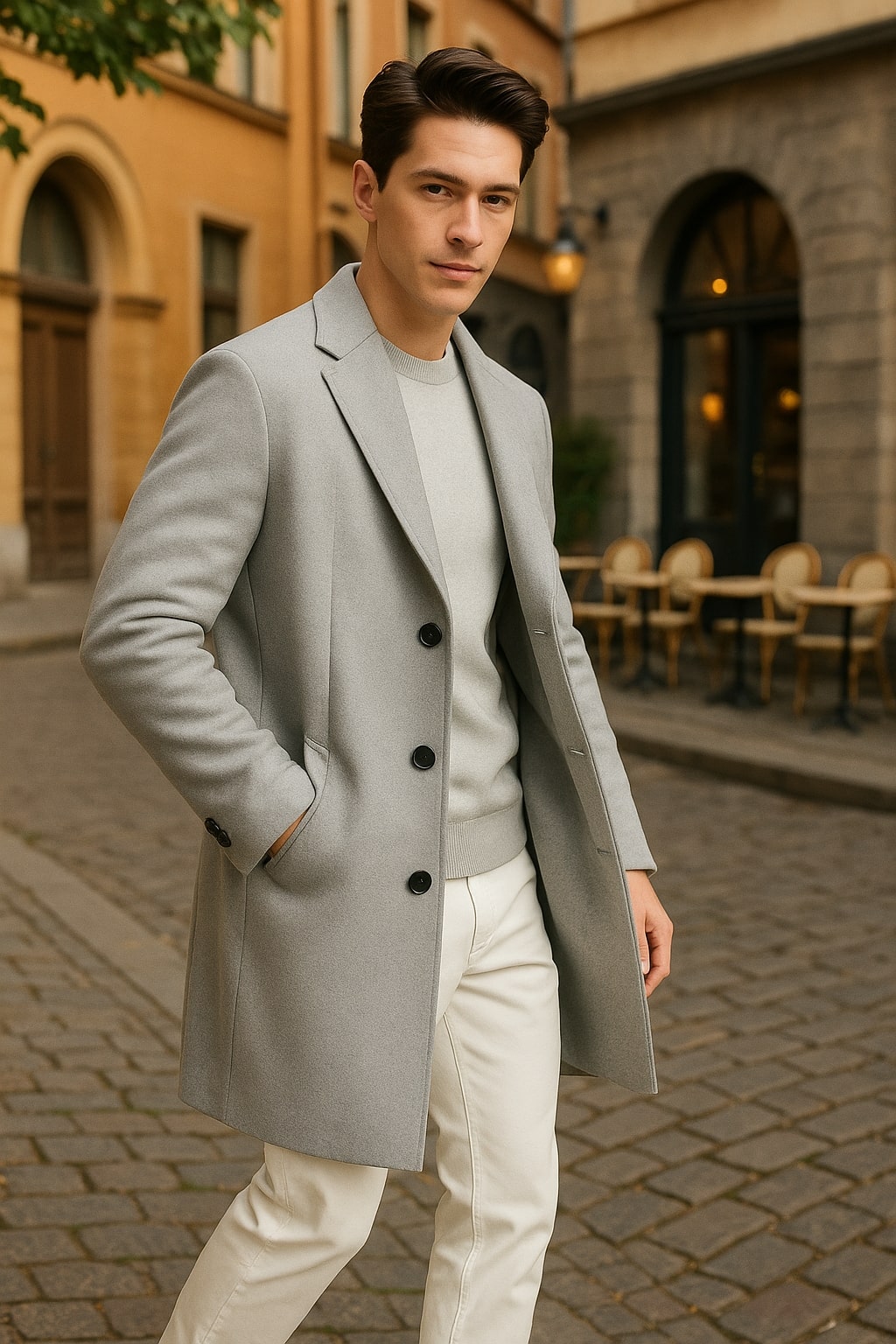 Men's Light Gray Wool Single-Breasted Overcoat