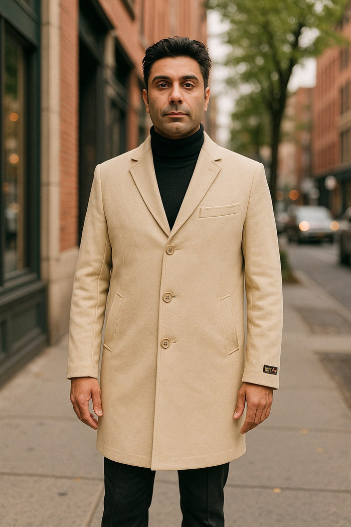 Beige Wool Overcoat with Notch Lapel