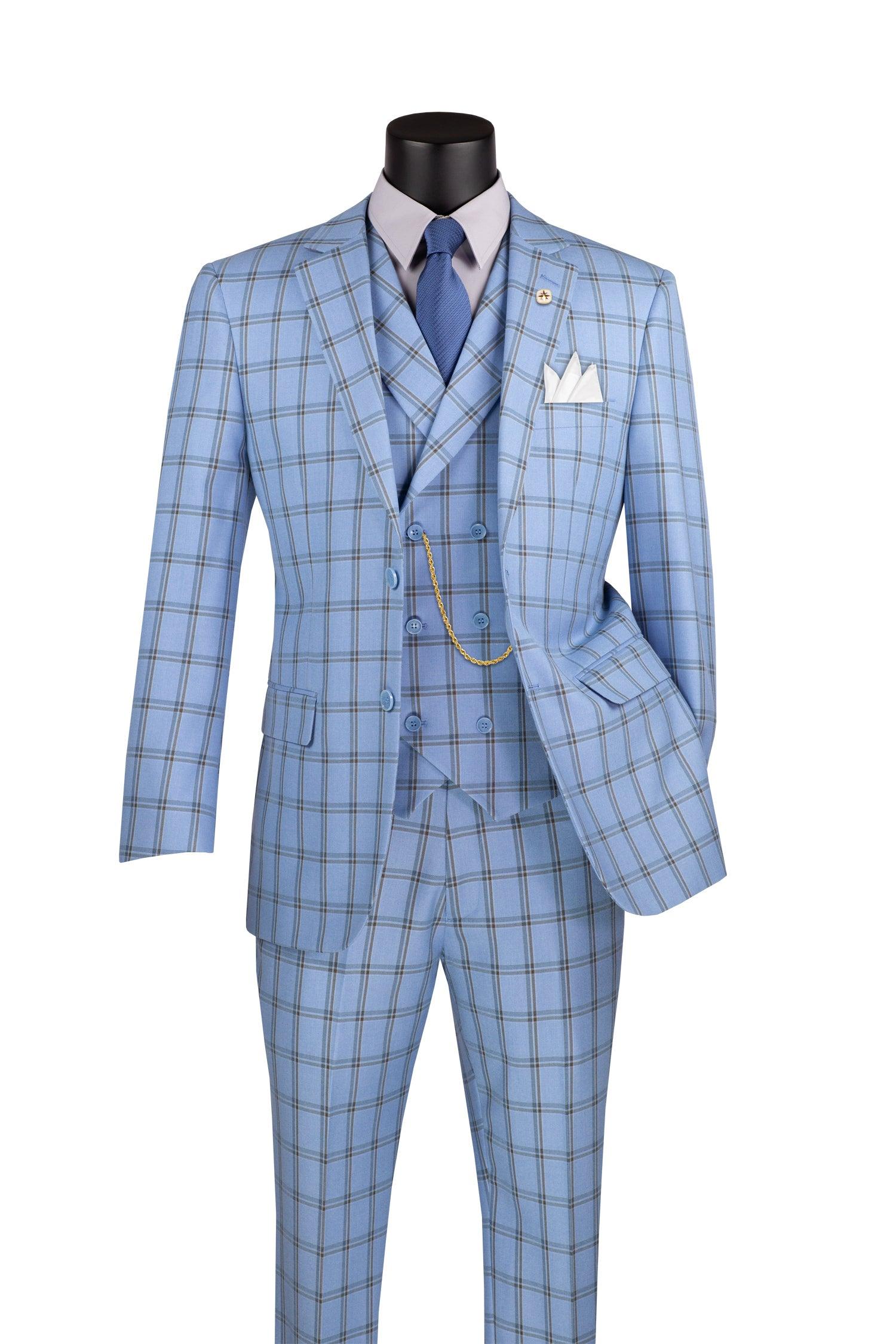 La Scale Windowpane Three Piece Suit Light Blue
