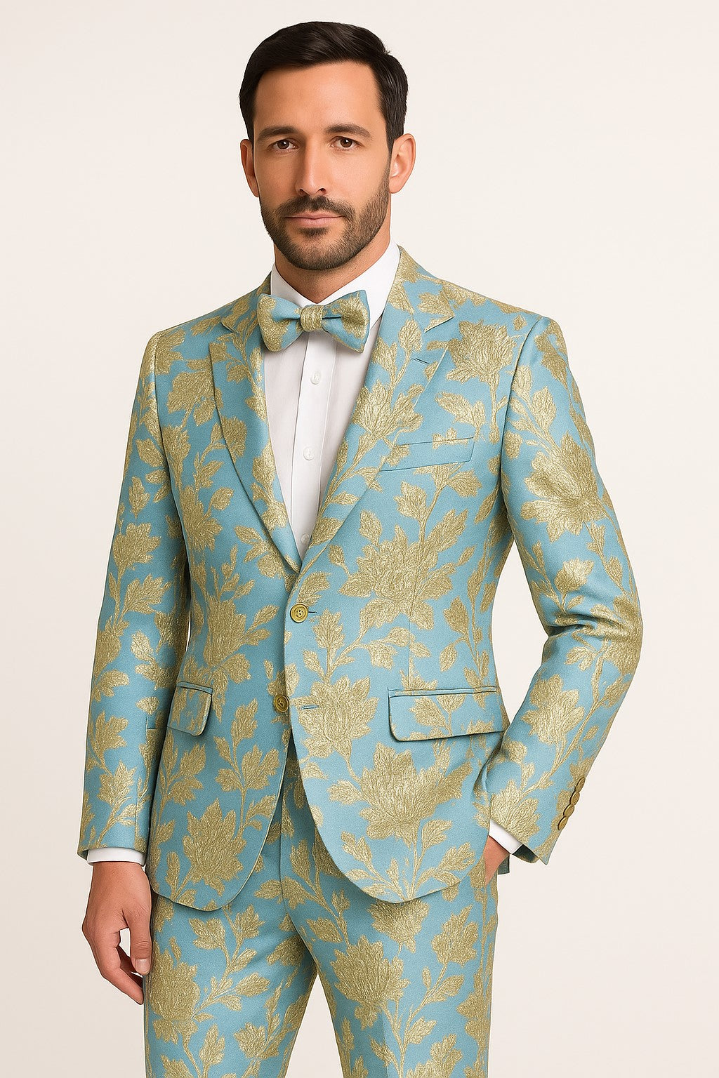 gold dress and blue suit Royal Bule One Button Prom Outfits Two Pieces Men Suit with Black Lapel main image 0