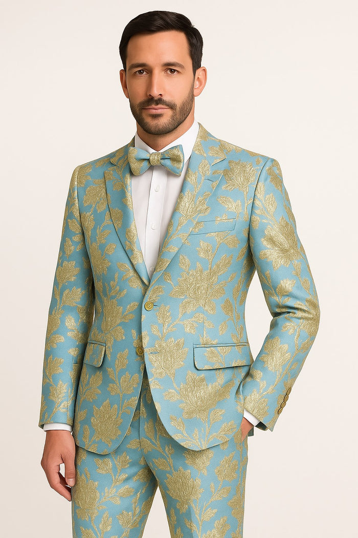 Light Blue and Gold Tuxedo - Sky Blue Suit - Paisley Tuxedo Suit