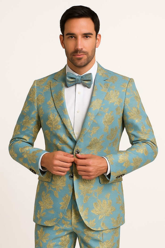 Light Blue and Gold Tuxedo - Sky Blue Suit - Paisley Tuxedo Suit