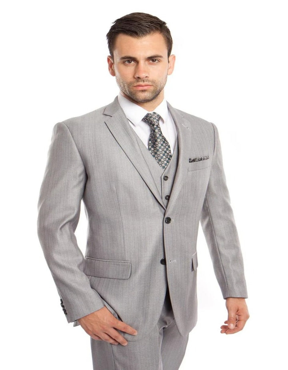 Textured Light Grey Sharkskin Three Piece Suit