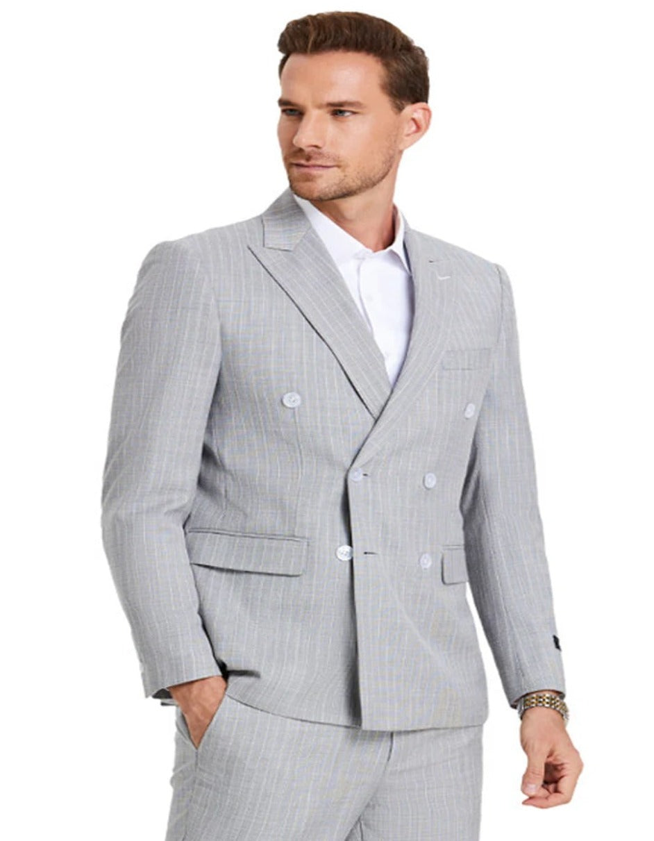 Men's Slim Fit Double Breasted Light Grey Suit