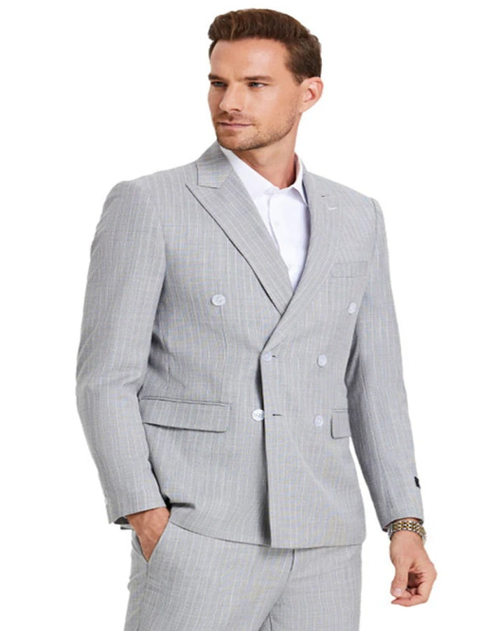 Men's Slim Fit Double Breasted Light Grey Suit