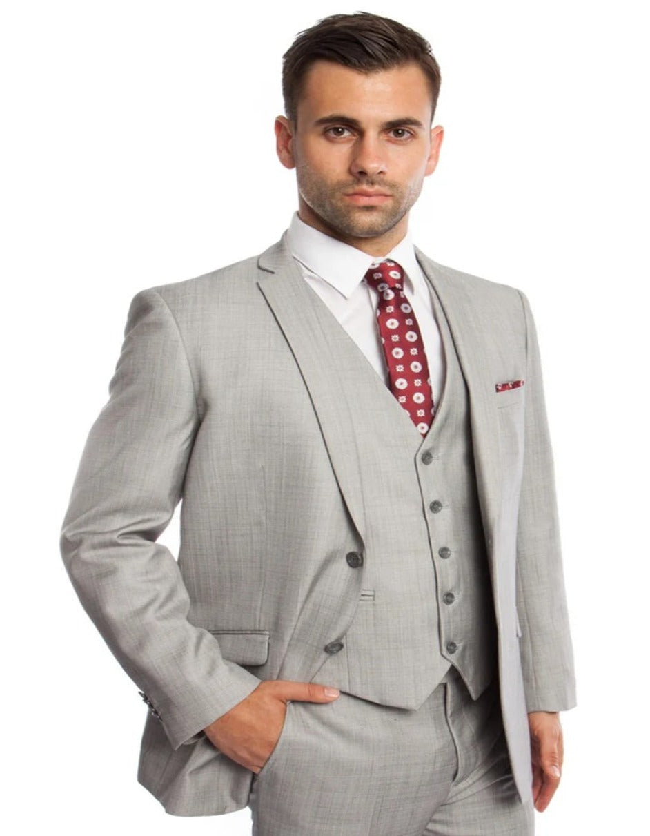 Light Grey Sharkskin Two Button Vested Suit